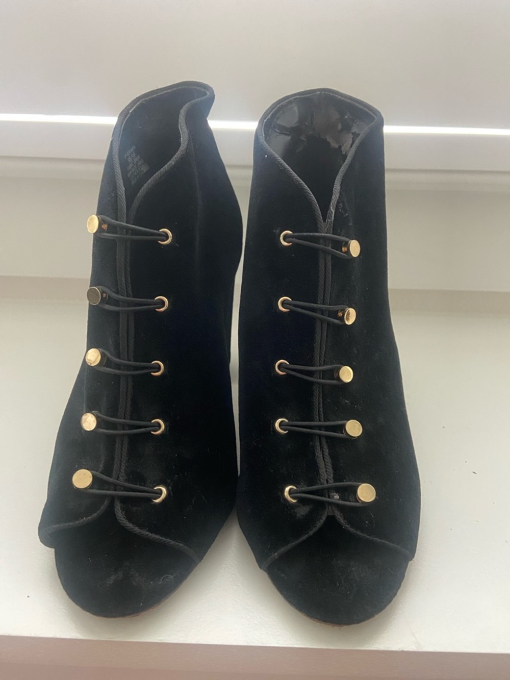 Vince Camuto Black Velvet Lace-Up Peep-Toe Ankle Boots with Gold Hardware